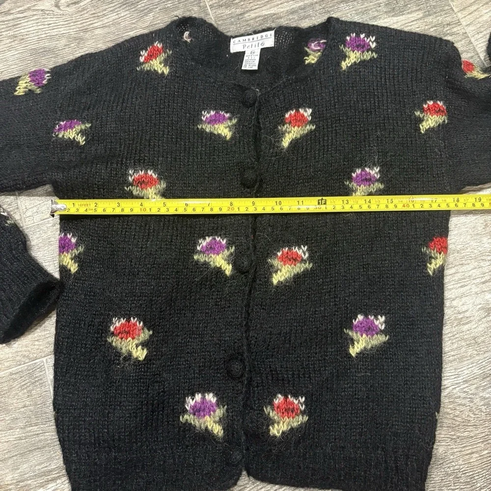 Vtg Cambridge Mohair Blend Floral Cardigan Sweater Sz PM Black Button Front